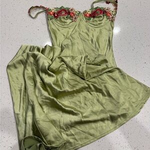 Princess Polly Olive Satin Dress with Floral Embroidery